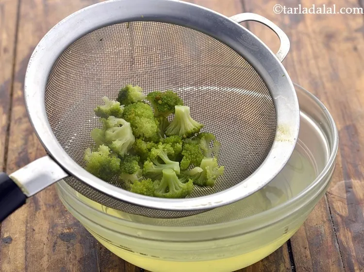Step 17 – Drain out all the water using a strainer and discard it. Keep the blanched broccoli …