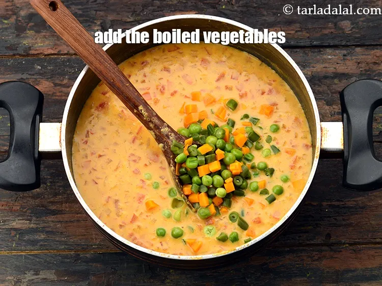 Step 32 – Add 3/4 cup&nbsp;<a href="https://www.tarladalal.com/glossary-chopped-and-boiled-mixed-vegetables-1884i">chopped and boiled mixed vegetables</a>. Make sure they are boiled just right …
