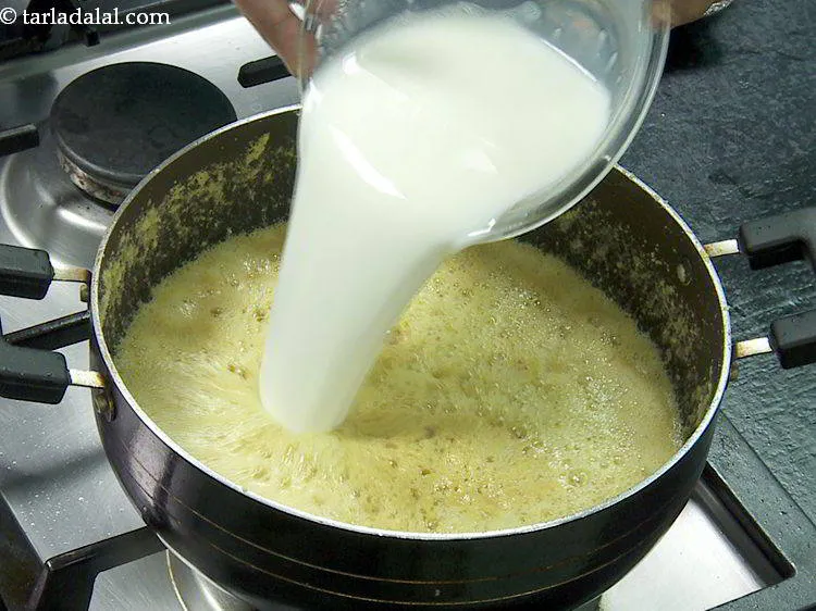Step 13 – At this stage, add the hot milk. Full-fat milk gives best texture and flavour to …