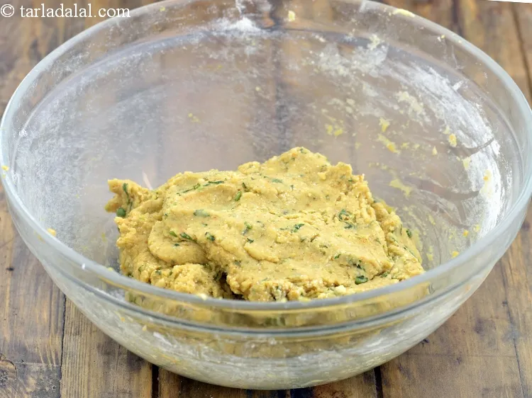 Step 27 – Do not add water for kneading the dough. The chana dal paste itself will bind …