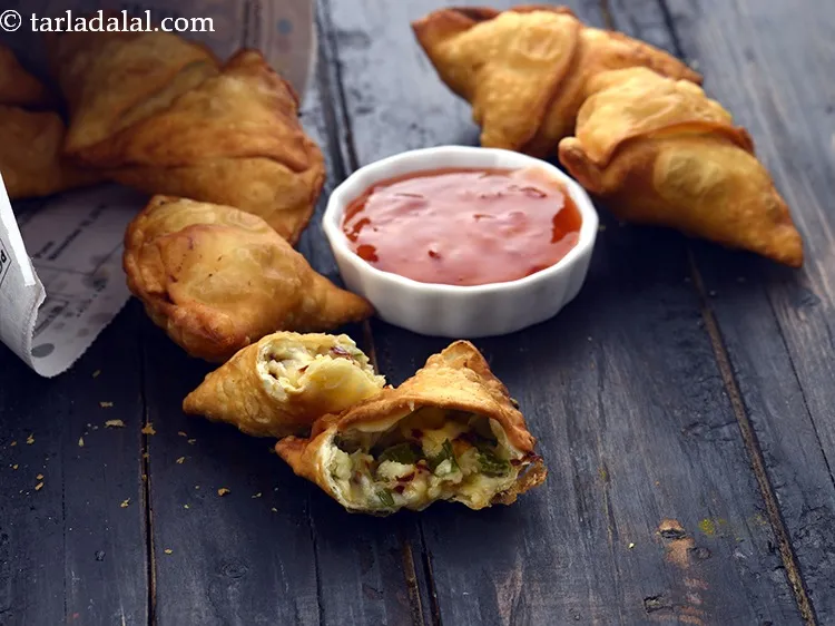 Step 45 – Serve <strong>cheese and spring onion samosa recipe | onion cheese samosa | Indian snack recipe</strong> …