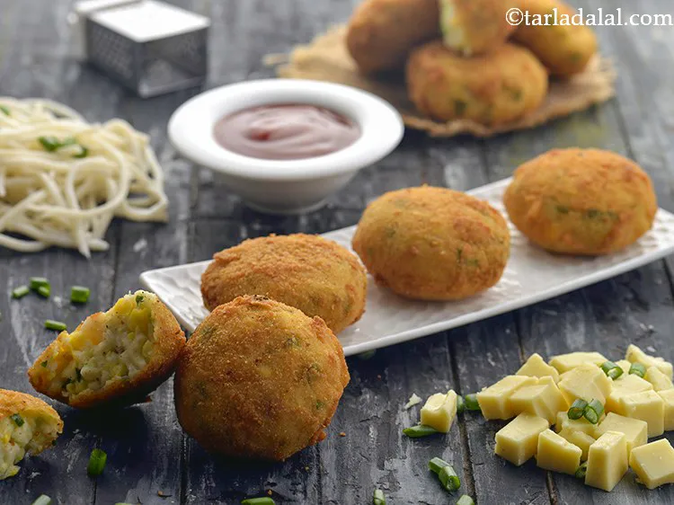 Step 26 – Serve the&nbsp;<strong>cheese noodles potato cutlet | cheese noodles vegetable cutlet | Indian cutlet with corn, …