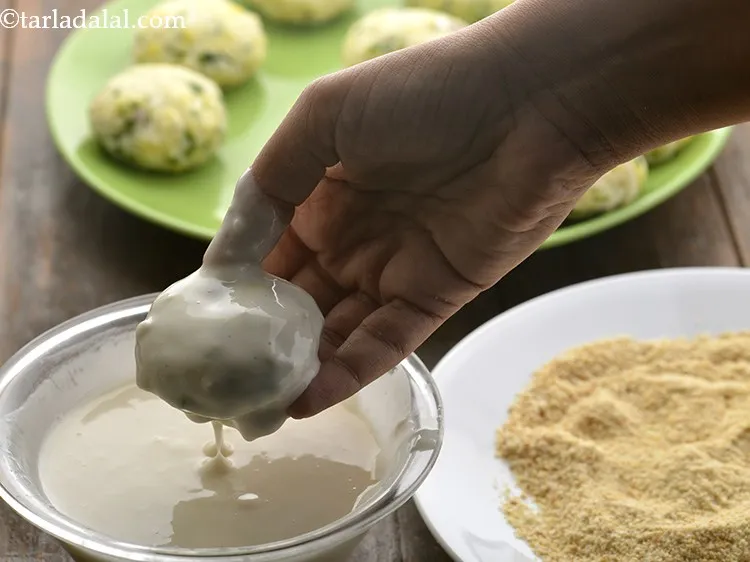 Step 21 – Dip each noodle cutlet in plain flour water mixture.&nbsp; .