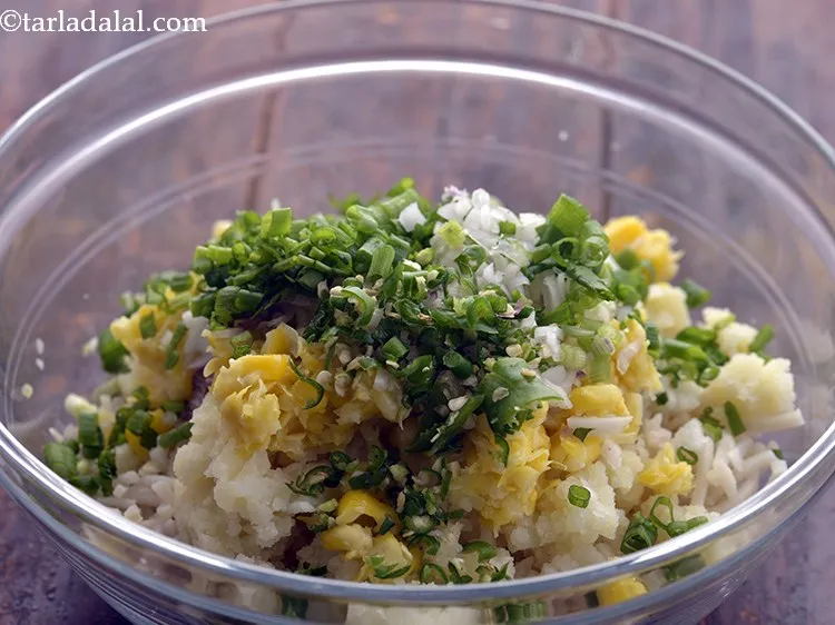 Step 16 – Add the finely chopped green chillies. Cut all the veggies very fine so the cutlets …