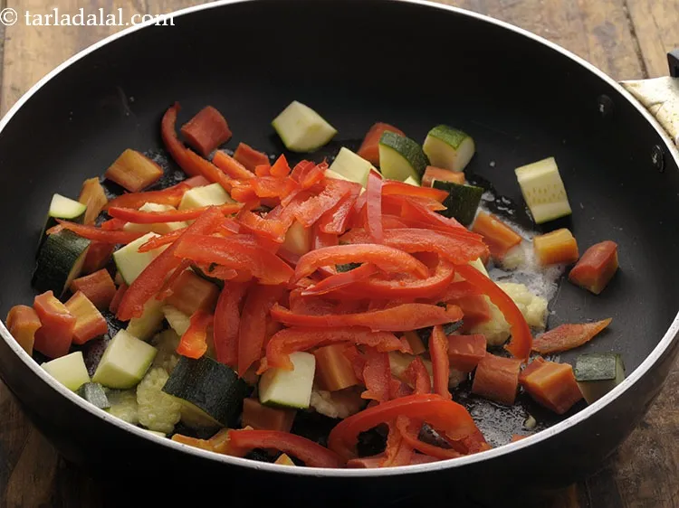 Step 17 – Add sliced red capsicum. Yellow bell pepper or green capsicum can also be used.