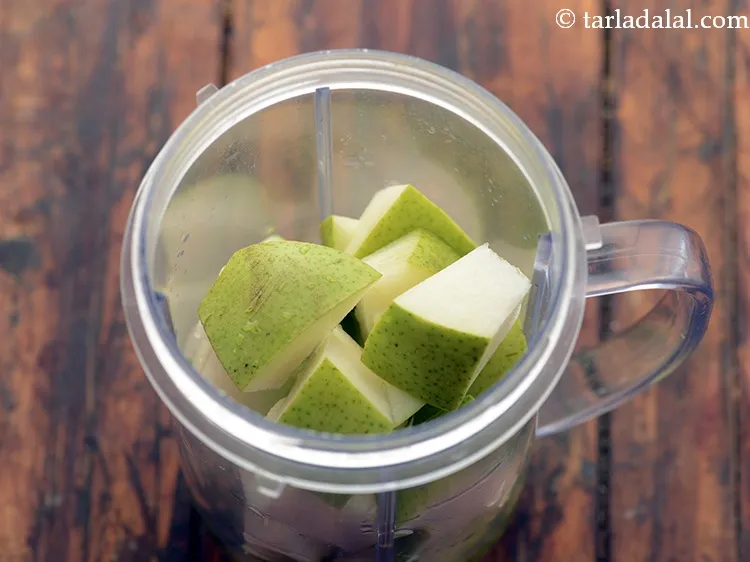 Step 3 – Further, in a small blender jar take pear. Choose pears that are firm green coloured …