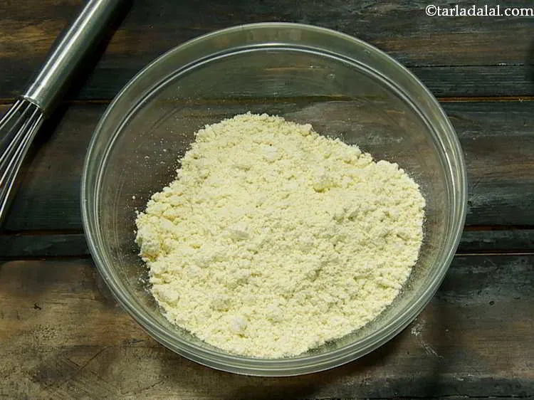 Step 5 – To make the batter for <strong>Chilla Chaat</strong>, first take besan in a deep bowl.