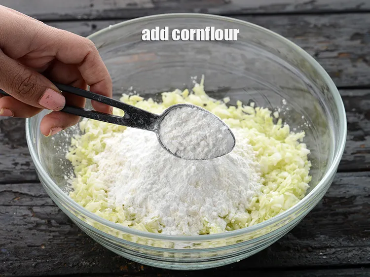 Step 5 – Add 2 tbsp <a href="https://www.tarladalal.com/glossary-cornflour-cornstarch-maize-starch-corn-flour-112i">cornflour</a>. This is used to give binding and crispiness.&nbsp;