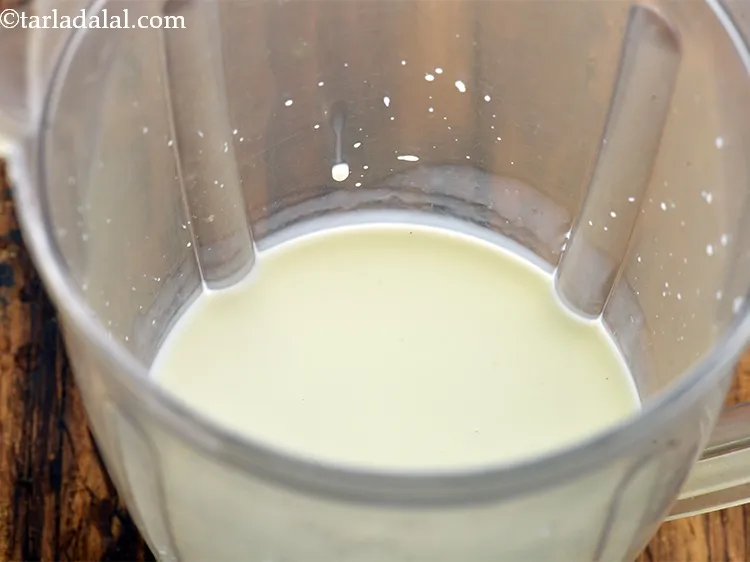Step 6 – For preparing the chocolate milkshake, transfer the chilled milk to a mixer jar. Full-fat milk …