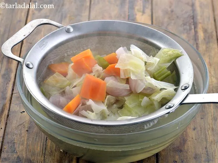 Step 10 – Strain the water using a strainer or colander and discard the vegetables of the <strong>Clear …