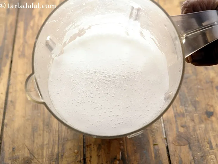 Step 20 – Blend in a mixer till you get smooth&nbsp;<strong>coconut water with coconut meat&nbsp;</strong>. The mixture should …