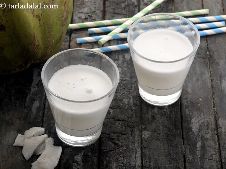 Step 21 – <div> Pour <strong>coconut water with malai</strong> into individual glasses and serve.&nbsp;</div> <div> &nbsp;</div>