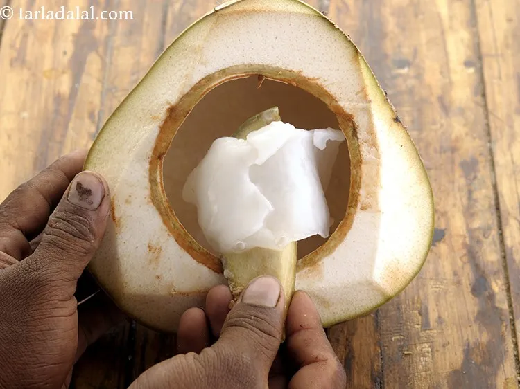 Step 7 – Now remove the soft flesh from the inside of the coconut using a spoon. The …