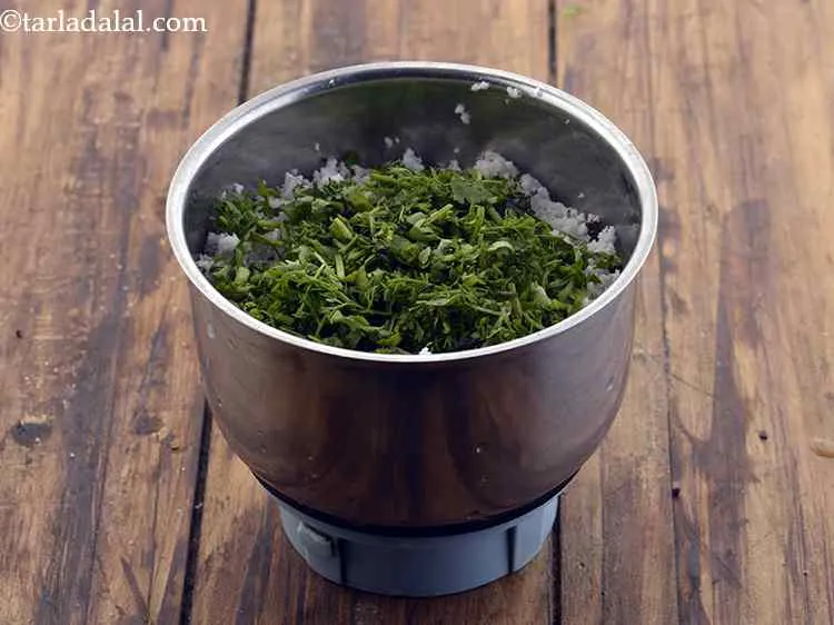 Step 2 – For a green version of coconut chutney, we will add a handful of coriander.