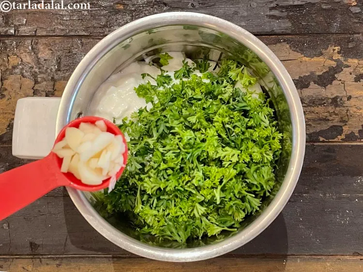 Step 6 – Add&nbsp;1/2 tablespoon chopped garlic.&nbsp;<a href="https://www.tarladalal.com/recipes-using-garlic-348">Garlic</a>&nbsp;has been proven to&nbsp;<a href="https://www.tarladalal.com/recipes-for-Low-Cholesterol--380">lower cholesterol</a>.&nbsp;The active ingredient allicin present in …