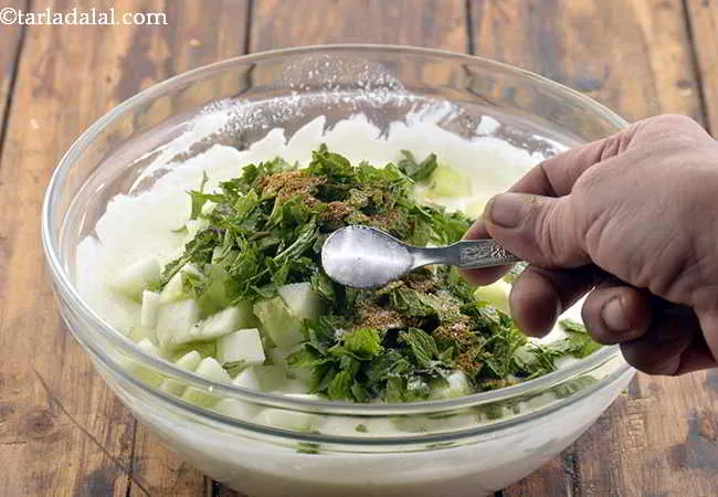 Step 6 – Add the salt to the<strong>cucumber mint raita | cucumber pudina raita | mint cucumber raita …