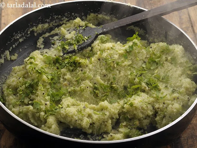 Step 19 – Add sugar and coriander to the&nbsp;<strong>coriander upma | quick kothambir upma | rava coriander upma …