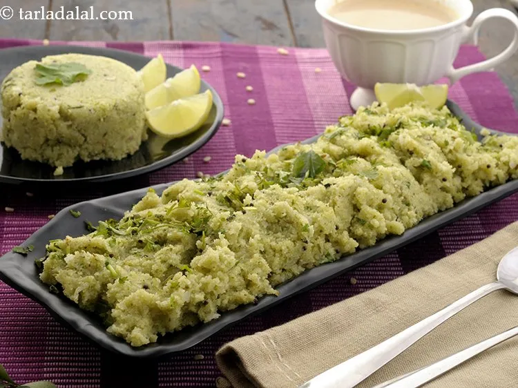 Step 26 – <meta charset="UTF-8" />Serve&nbsp;rava coriander upma&nbsp;hot in an inverted cup shape, as suggested.