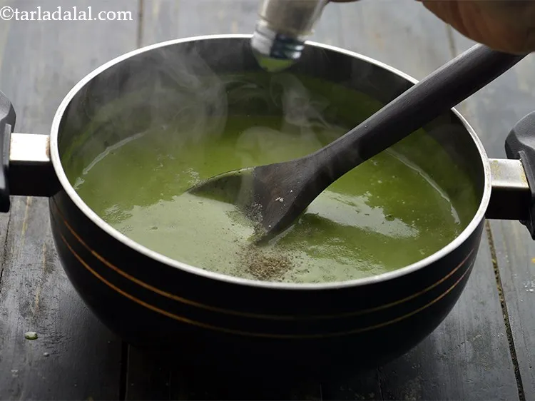 Step 22 – Add the salt and pepper to <strong>cream of spinach soup (cream of palak soup)</strong>.