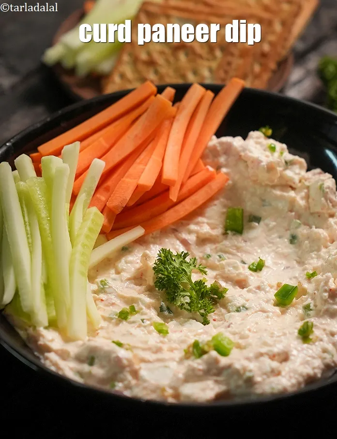 Step 19 – Serve chilled with cream cracker biscuits, cucumber strips, capsicum strips and carrot strips.