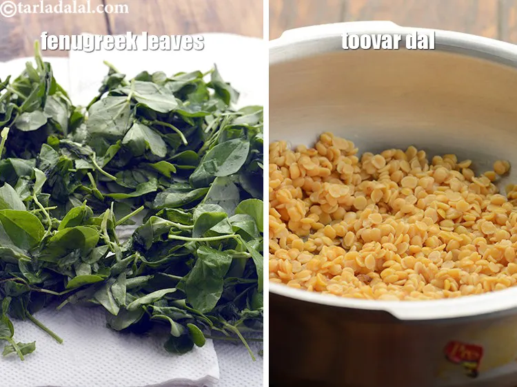 Step 41 – Clean and wash the fenugreek leaves and toovar dal very well to remove all the …