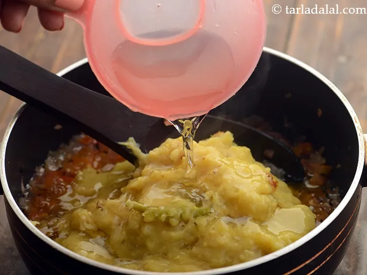 Step 23 – Add 1 1/2 cup of water. The consistency of dal fry is very important. It …