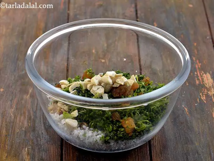 Step 6 – Add the chopped cashewnuts (kaju). Both raisins and cashewnuts enhance the taste and the mouthfeel …