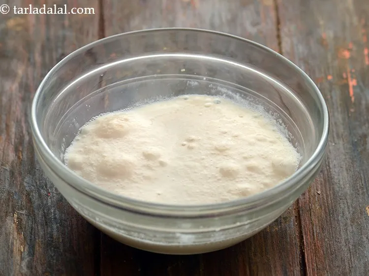 Step 7 – This is how the yeast sugar mixture looks after 10 minutes. It will turn frothy.&nbsp;