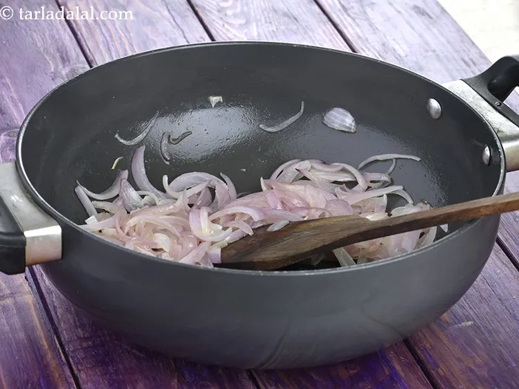 Step 20 – Saut&eacute; on a slow flame for 3 to 4 minutes. The onions should turn golden …
