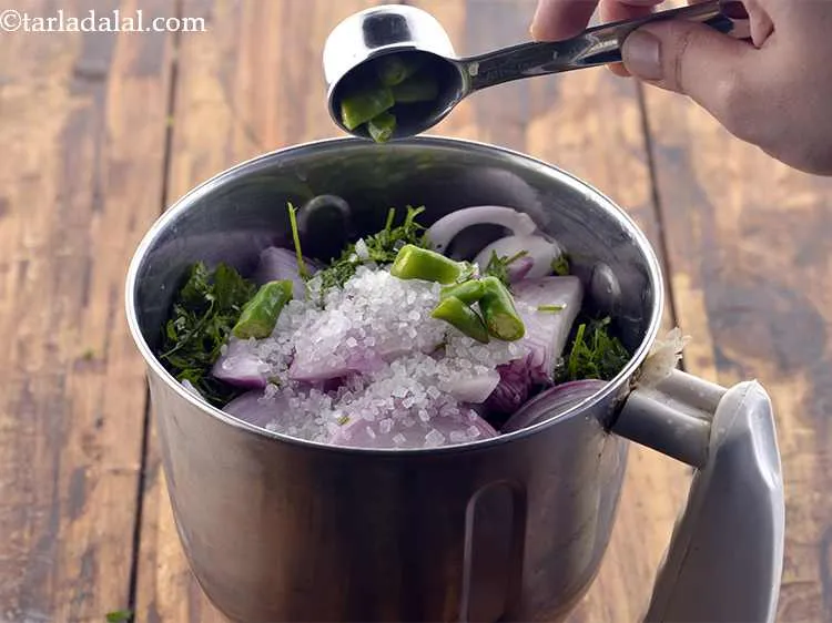 Step 15 – Also add roughly chopped green chillies to the blender for spice. You can increase or …