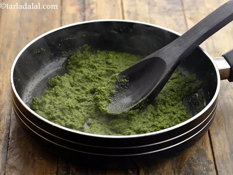 Step 26 – Saut&eacute; on a medium flame for 3 to 4 minutes or till the green paste …