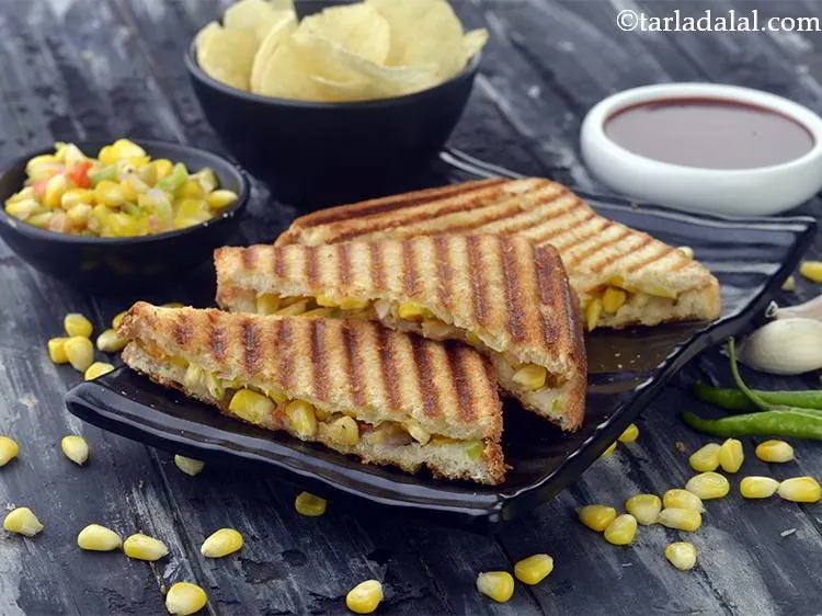 Step 21 – Serve the&nbsp;<strong>grilled corn capsicum sandwich | Indian style corn capsicum sandwich | grilled sweet corn …