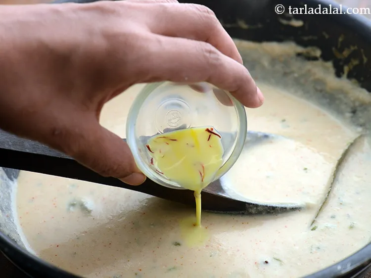Step 45 – Add this saffron-milk mixture to give a beautiful hue and aroma to our hariyali kofta …