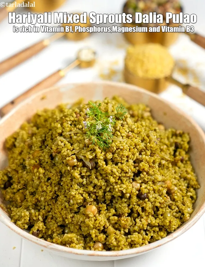 Step 29 – <meta charset="UTF-8" /> <strong>Hariyali Mixed Sprouts Dalia Pulao&nbsp;is rich in below macronutrients, vitamins and minerals …
