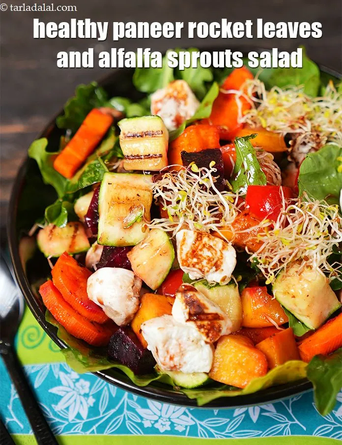 Step 35 – Serve<strong> beetroot, peppers and carrot salad recipe | healthy paneer rocket leaves and alfalfa sprouts …