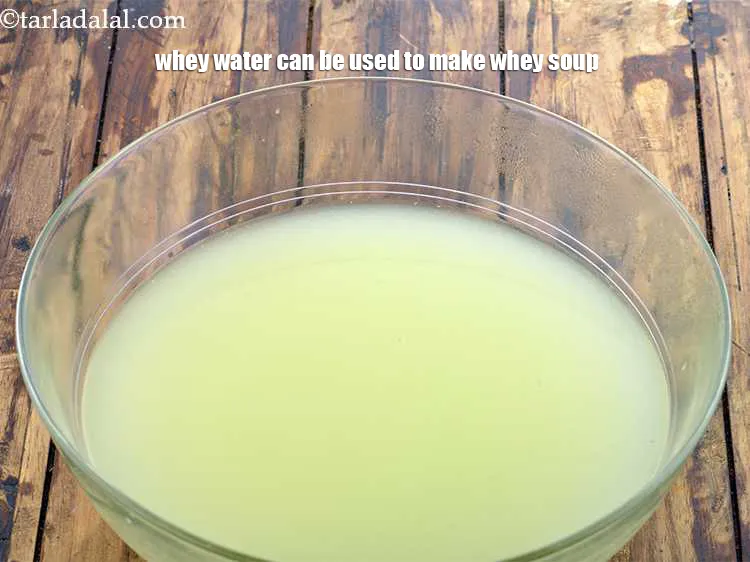 Step 24 – The discarded whey water can be used to make&nbsp;<a href="https://www.tarladalal.com/Whey-Soup-(-Calcium-Rich-Recipe-)-35065r">whey soup</a>&nbsp;which is a rich source …
