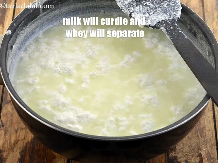 Step 5 – The milk will curdle and the whey will separate.&nbsp;