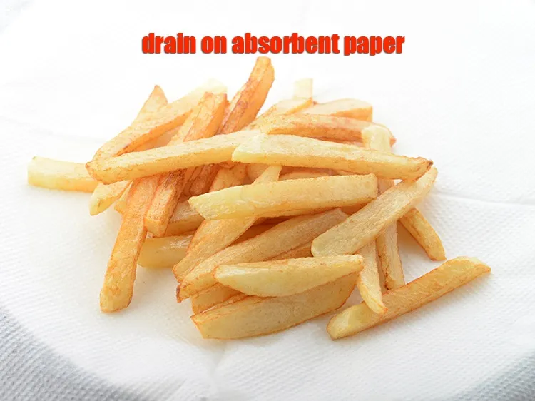 Step 9 – Remove the French fries with the help of a slotted spoon and drain on absorbent …
