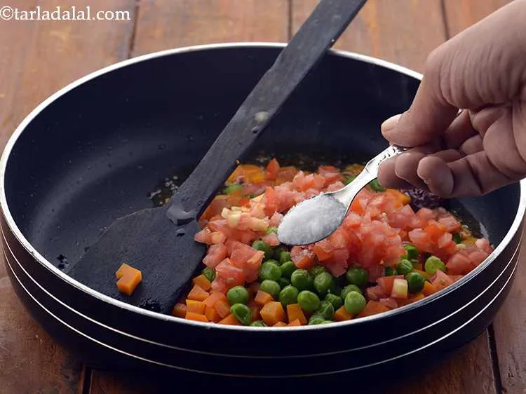 Step 9 – Add the tomatoes and salt. Onions, Potatoes, French beans are some other veggies which you …