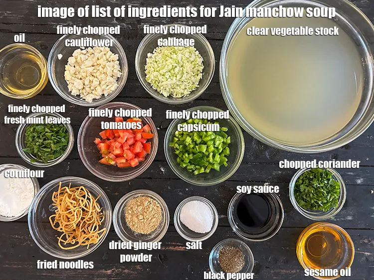 Step 2 – <strong>what is Jain manchow soup made of ?</strong> <u><em>See below image of list of ingredients …