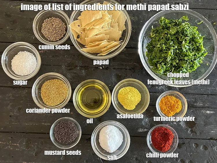 Step 2 – <strong>what is methi papad sabzi made of ?</strong> <strong>See below image of list of ingredients …
