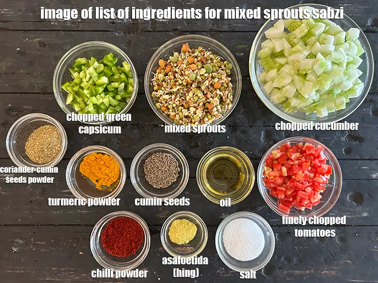 Step 2 – <strong>what is mixed sprouts sabzi made of ? </strong><u><em>See below image of list of ingredients …