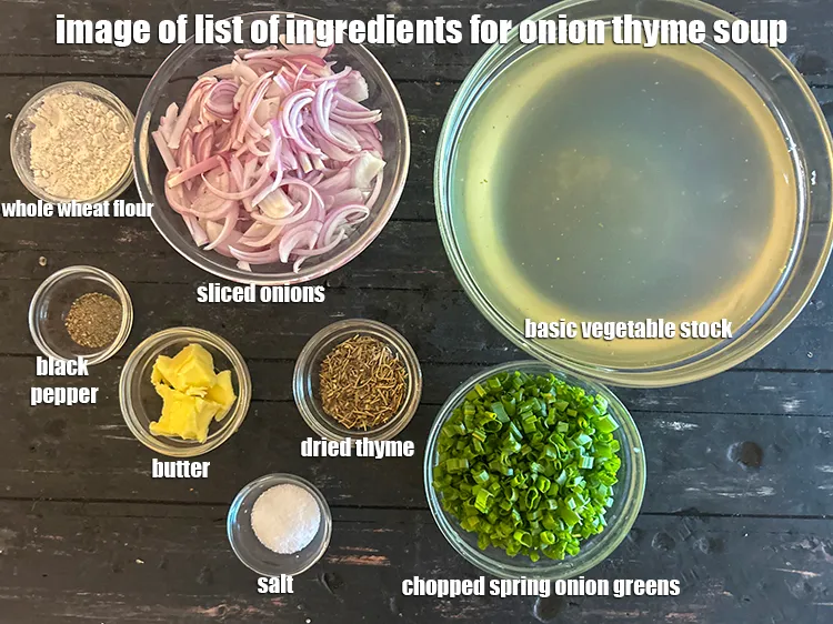 Step 2 – <strong>what is onion thyme soup made of ? </strong><u><em>See below image of list of ingredients …