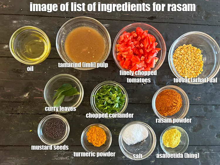 Step 2 – <strong>what is rasam made of ?</strong><u><em><strong><strong> </strong>See below image of list of ingredients for rasam.</strong></em></u>