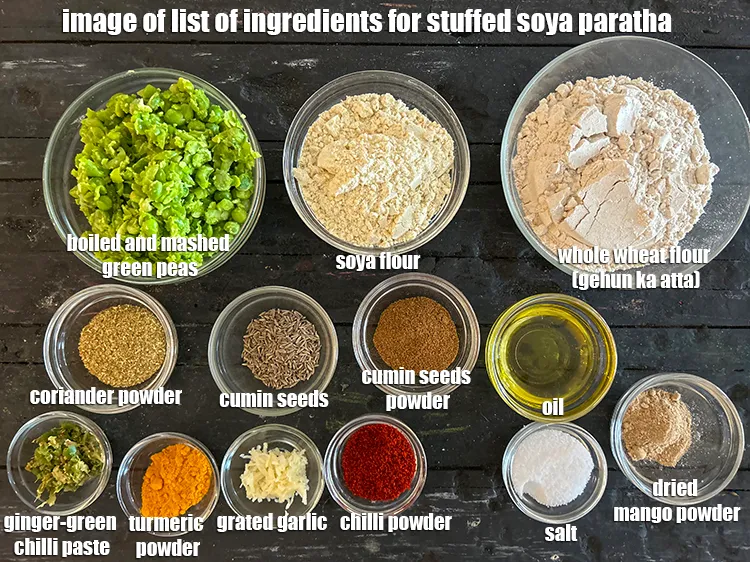Step 2 – <strong>what is stuffed soya paratha made of ?</strong> <u><em>See below image of list of ingredients …