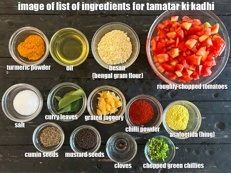 Step 2 – <strong>what is tamatar ki kadhi made of ? </strong><u><em>See below image of list of ingredients …