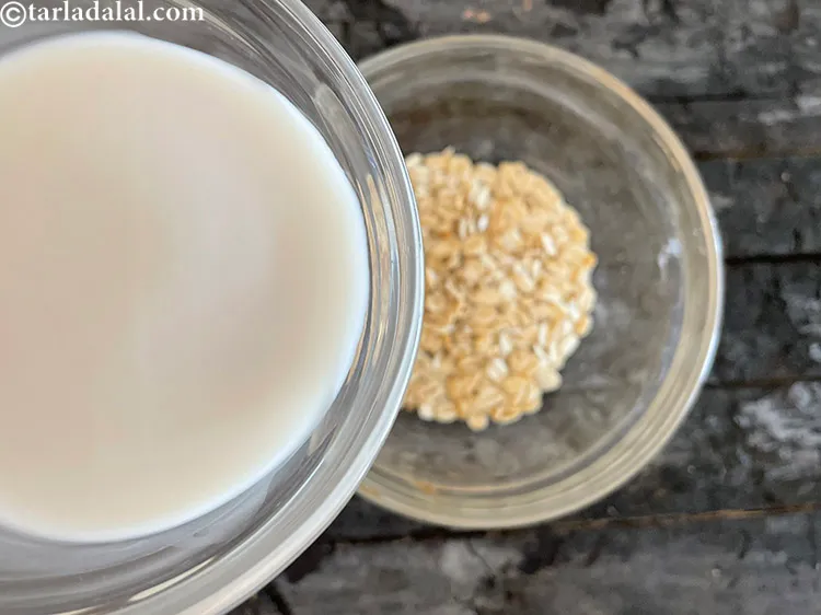 Step 9 – Add 1/4 cup <a href="https://www.tarladalal.com/almond-milk-homemade-pure-almond-milk-40984r">unsweetened almond milk</a> to the bowl. Almond milk is made from …