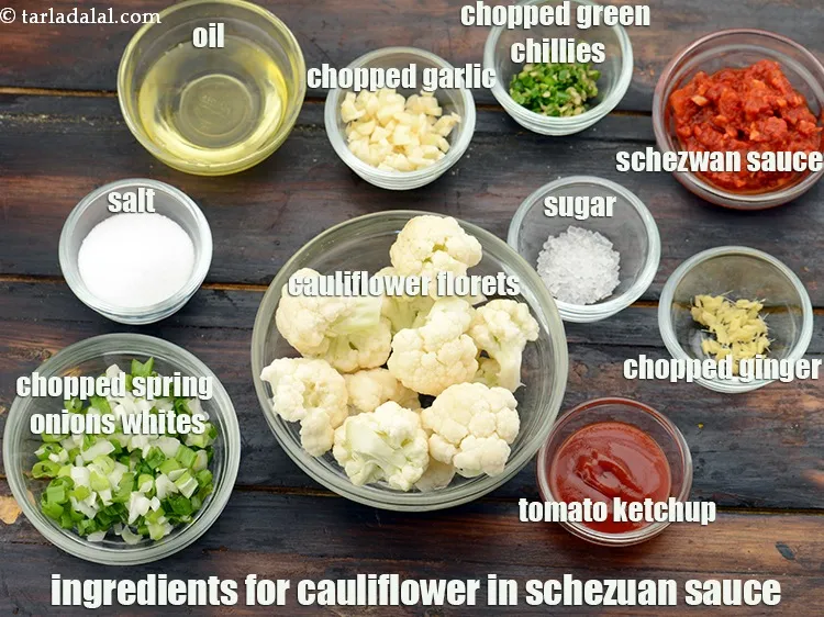 Step 2 – <strong>Cauliflower in Schezuan sauce</strong> is made of&nbsp;2 cups&nbsp;<a href="https://www.tarladalal.com/glossary-cauliflower-florets-753i">cauliflower florets</a>,&nbsp;oil&nbsp;for deep-frying,&nbsp;2 tbsp&nbsp;oil,&nbsp;1 tbsp&nbsp;chopped garlic (lehsun),&nbsp;1/2 …