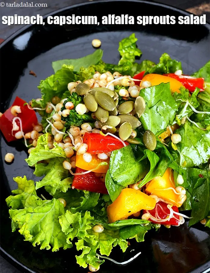 Step 36 – Serve <strong>jowar kale palak salad | spinach, capsicum, alfalfa sprouts salad |&nbsp;</strong>immediately.