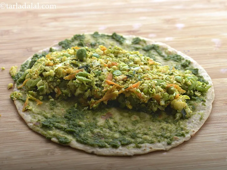 Step 28 – Place a portion of the stuffing evenly in the center of the roti.